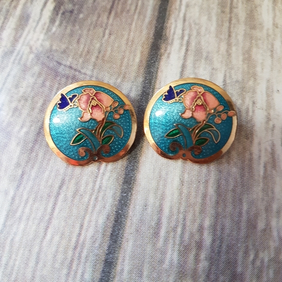 Siti Orchid Cloisonné Gold Tone earrings - Picture 1 of 3